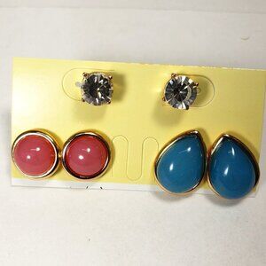 Set of 3 Gold tone Pink, Blue & Crystal Stud Earrings - Women's Fashion Jewelry
